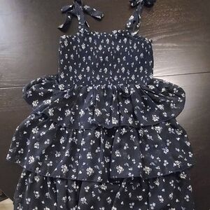 Navy Floral Tiered Ruched Dress with Tie Straps, Small